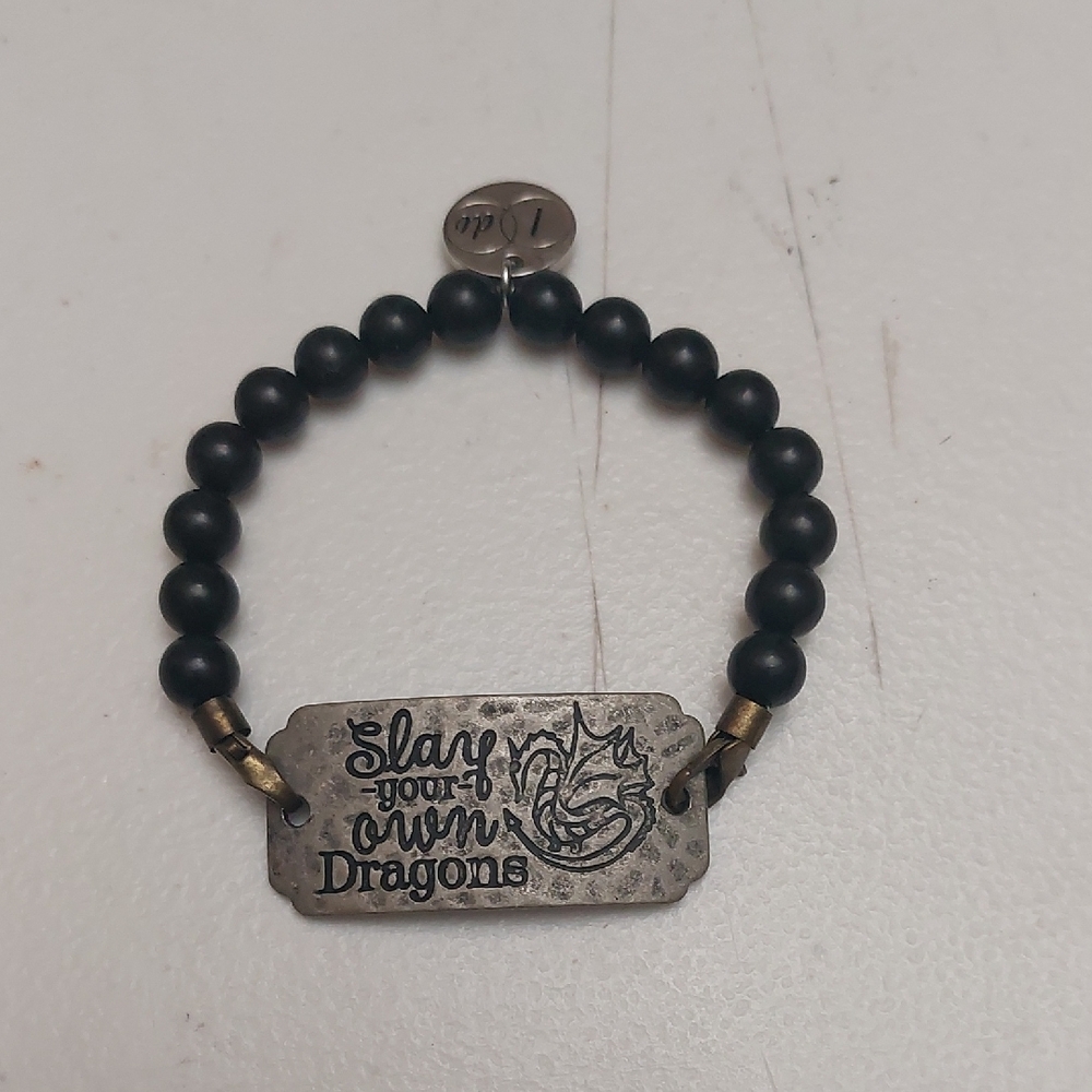 Slay Your Own Dragons I Do Motivation Affirmation Metal Plate Beaded Bracelet